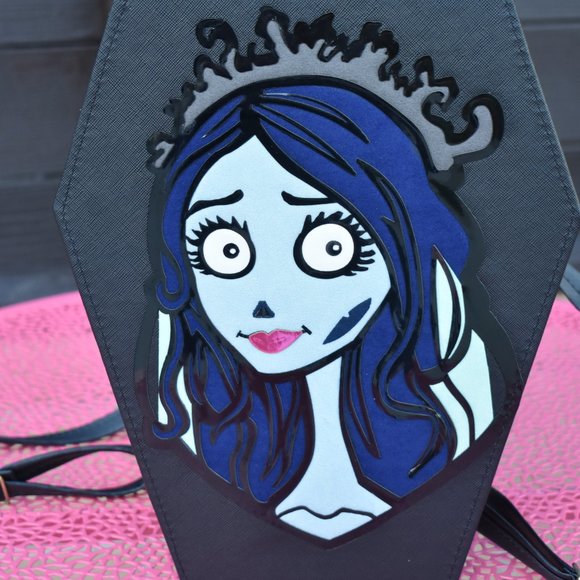 new Corpse Bride Emily LARGE 3D HOLOGRAPHIC Leather Large Coffin BAG Backpack - Picture 4 of 13